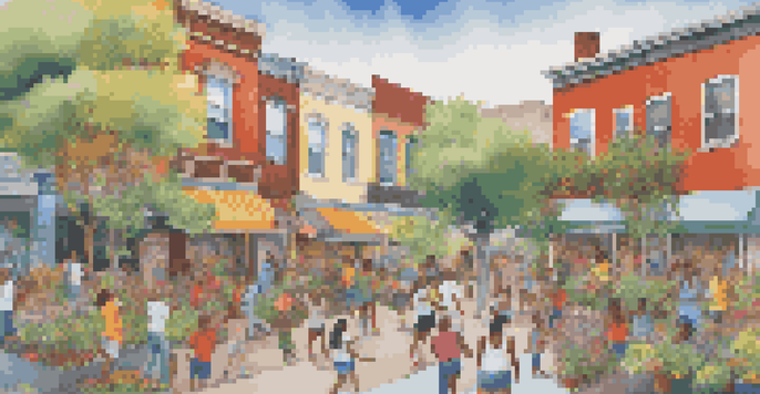 A colorful community mural showing people participating in art activities, with themes of health and community represented.