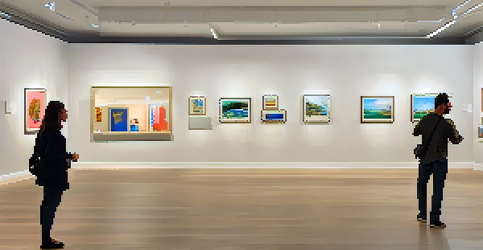 A digital art gallery with colorful artworks and people engaging in conversation.