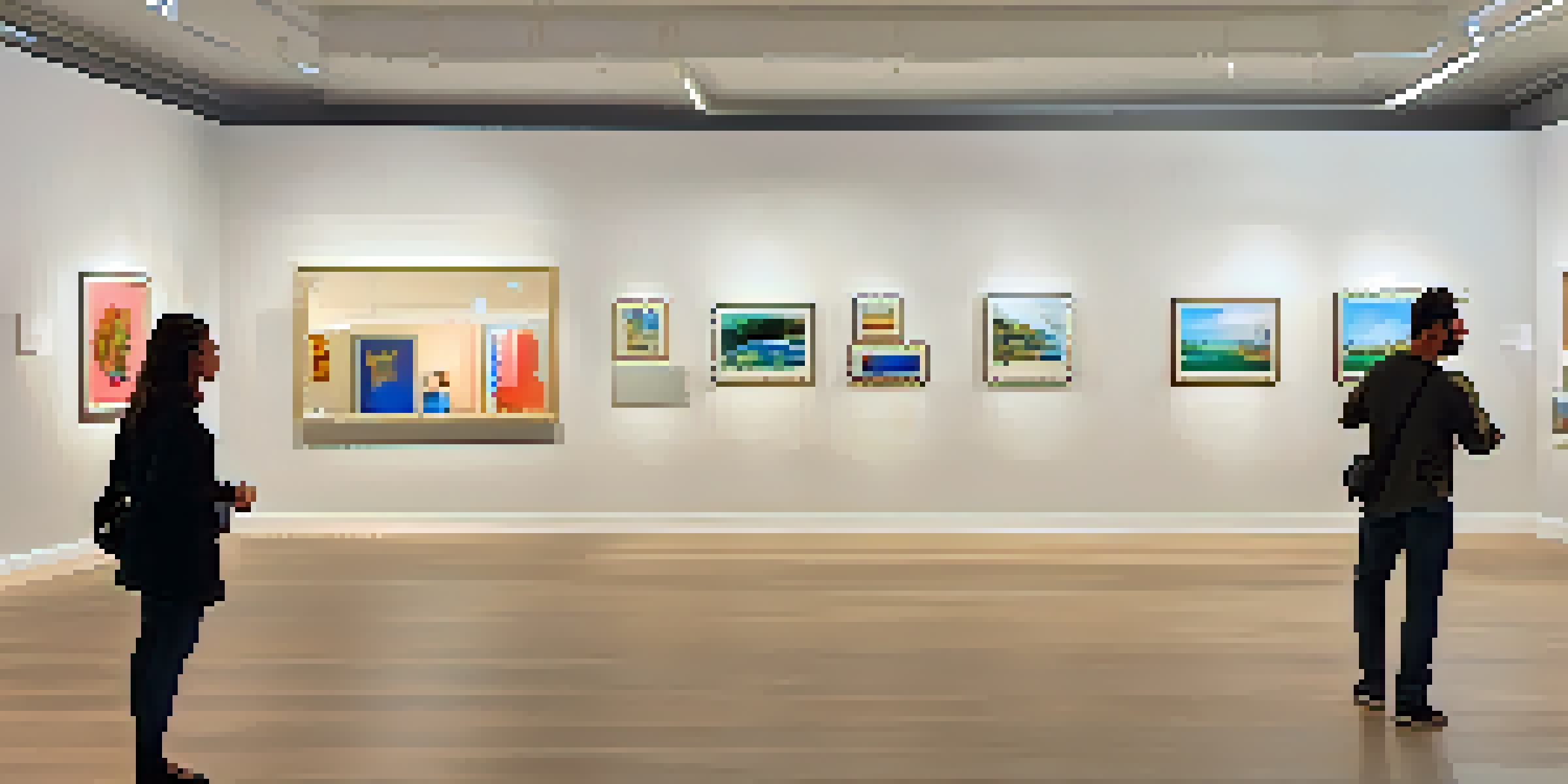 A digital art gallery with colorful artworks and people engaging in conversation.