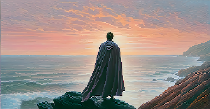 A person in a cloak stands on a cliff, looking out over a foggy sea at sunrise, with soft pastel colors in the sky.