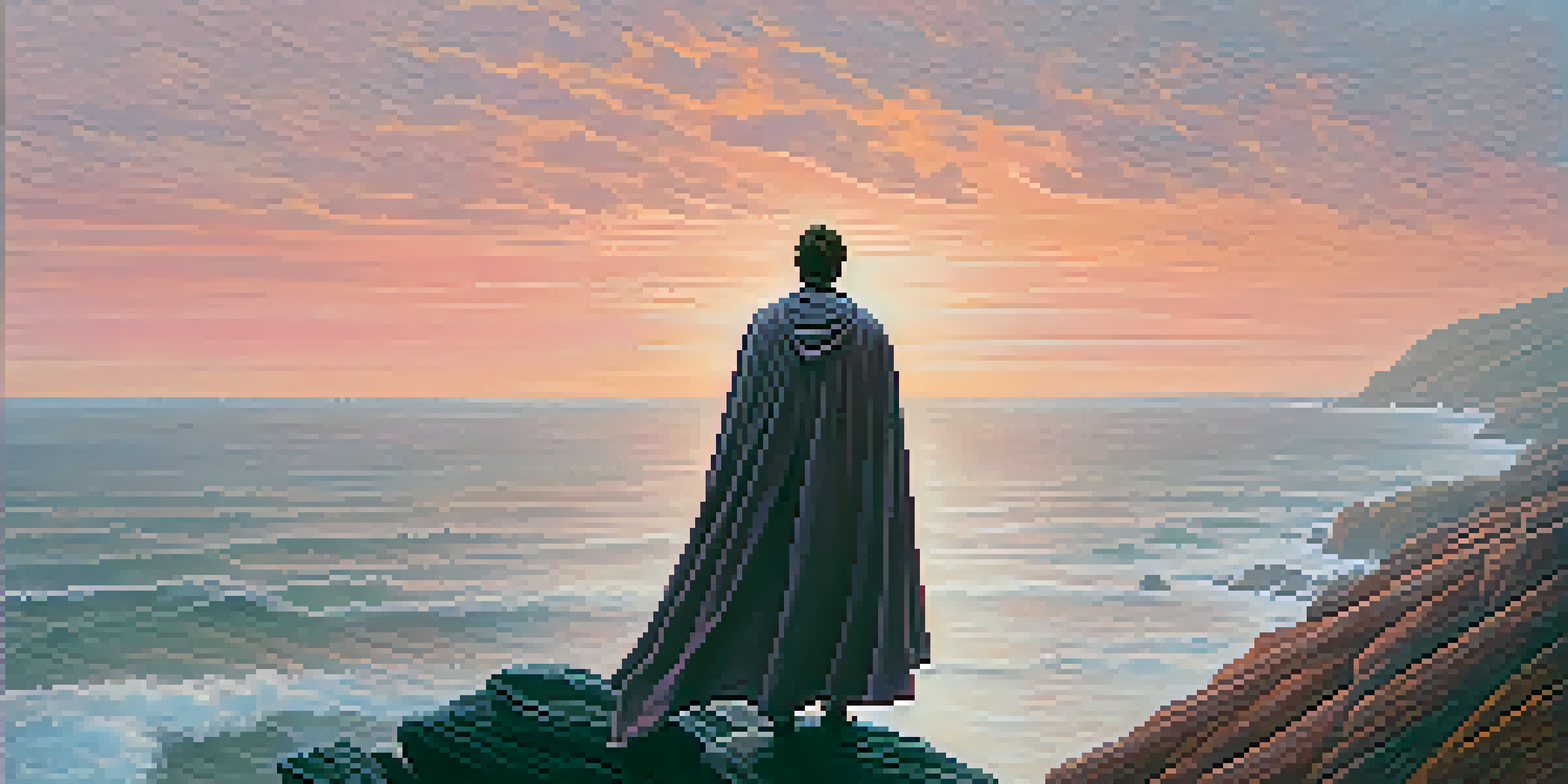 A person in a cloak stands on a cliff, looking out over a foggy sea at sunrise, with soft pastel colors in the sky.