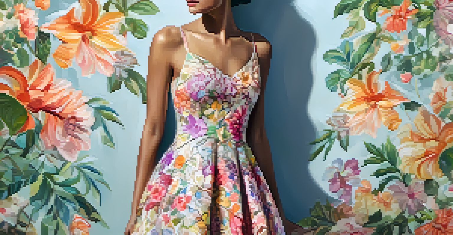 An elegant dress with floral patterns inspired by nature, set in a blooming garden with natural lighting.