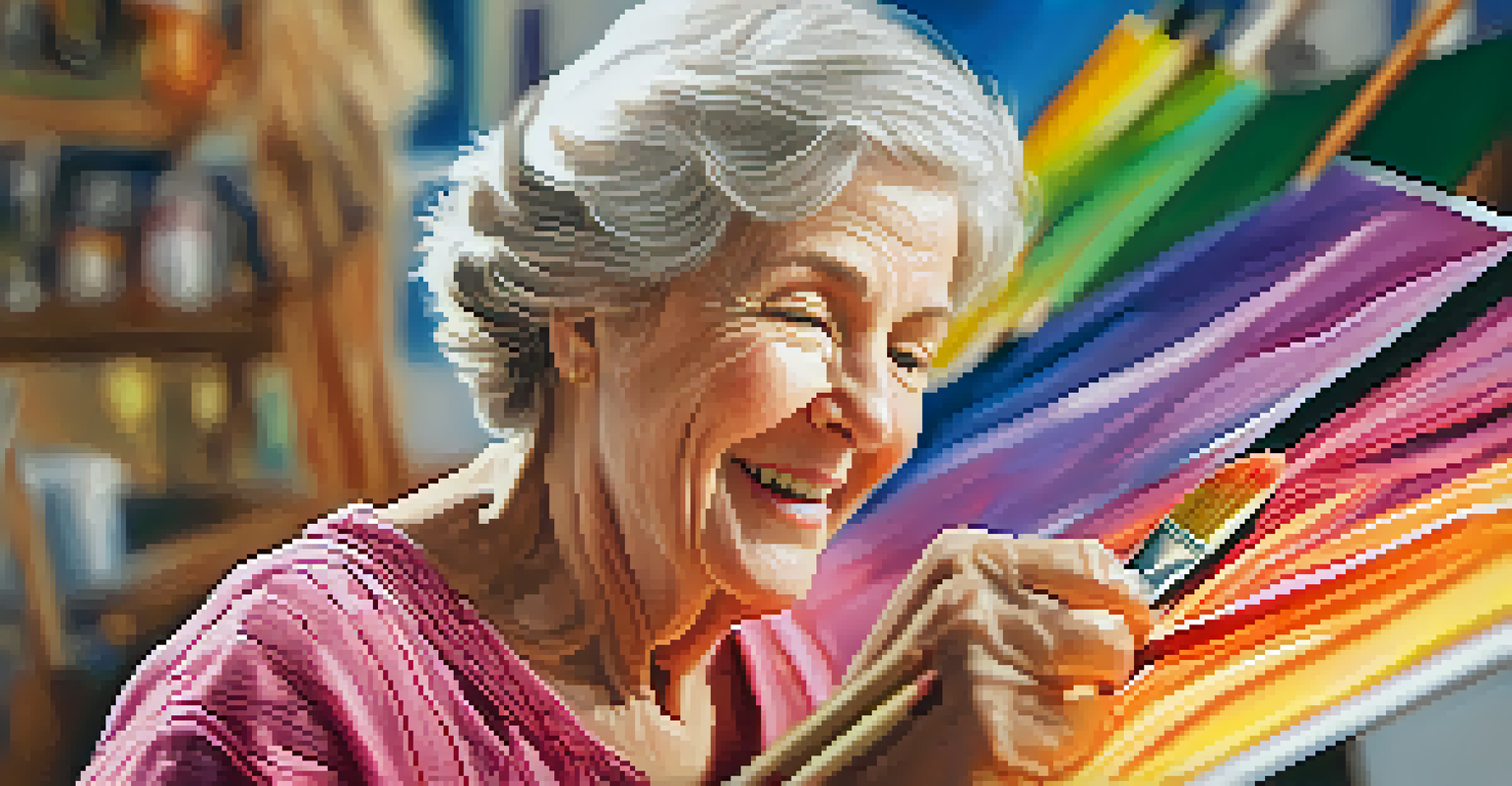 A senior woman joyfully painting on a canvas in an art workshop, with other seniors working on their projects in the background.