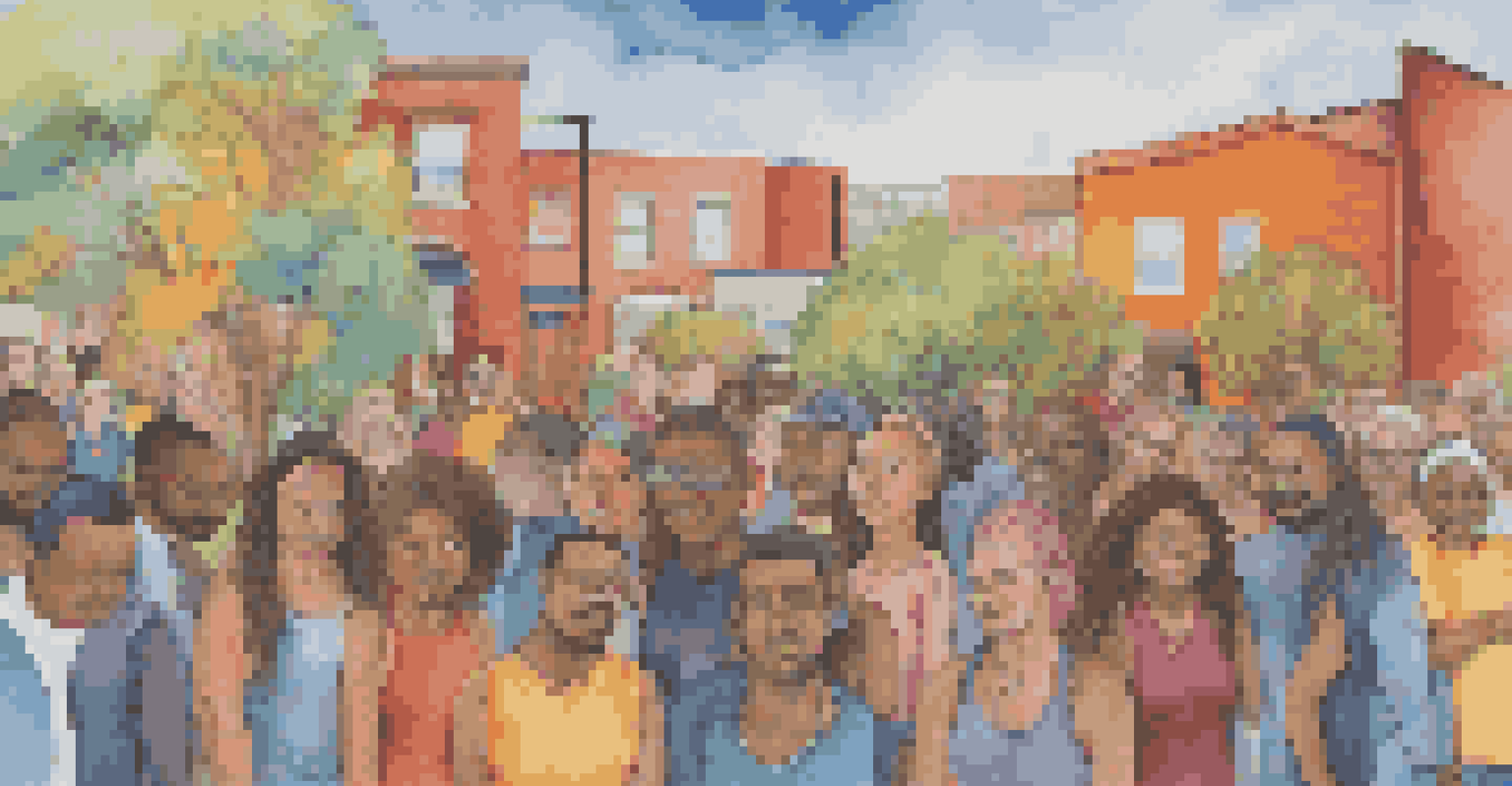 A colorful community mural illustrating emotions related to mental health, with a diverse group of people admiring it.