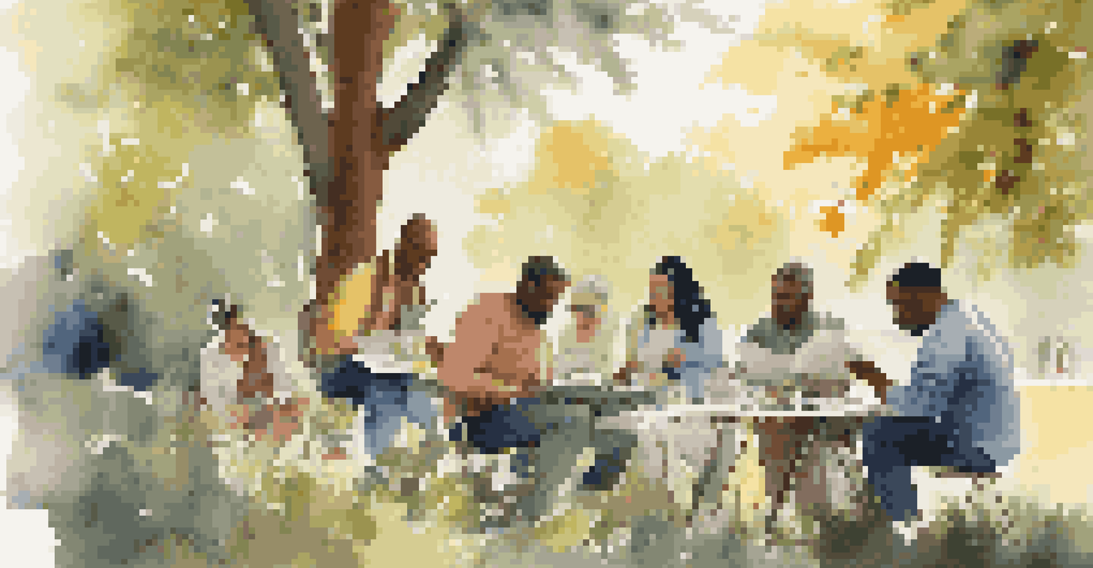 A group of artists sharing ideas in a beautiful outdoor setting, promoting collaboration and community.