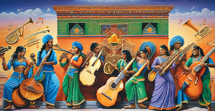 A colorful mural illustrating musicians from various cultures playing together with instruments, symbolizing artistic collaboration.