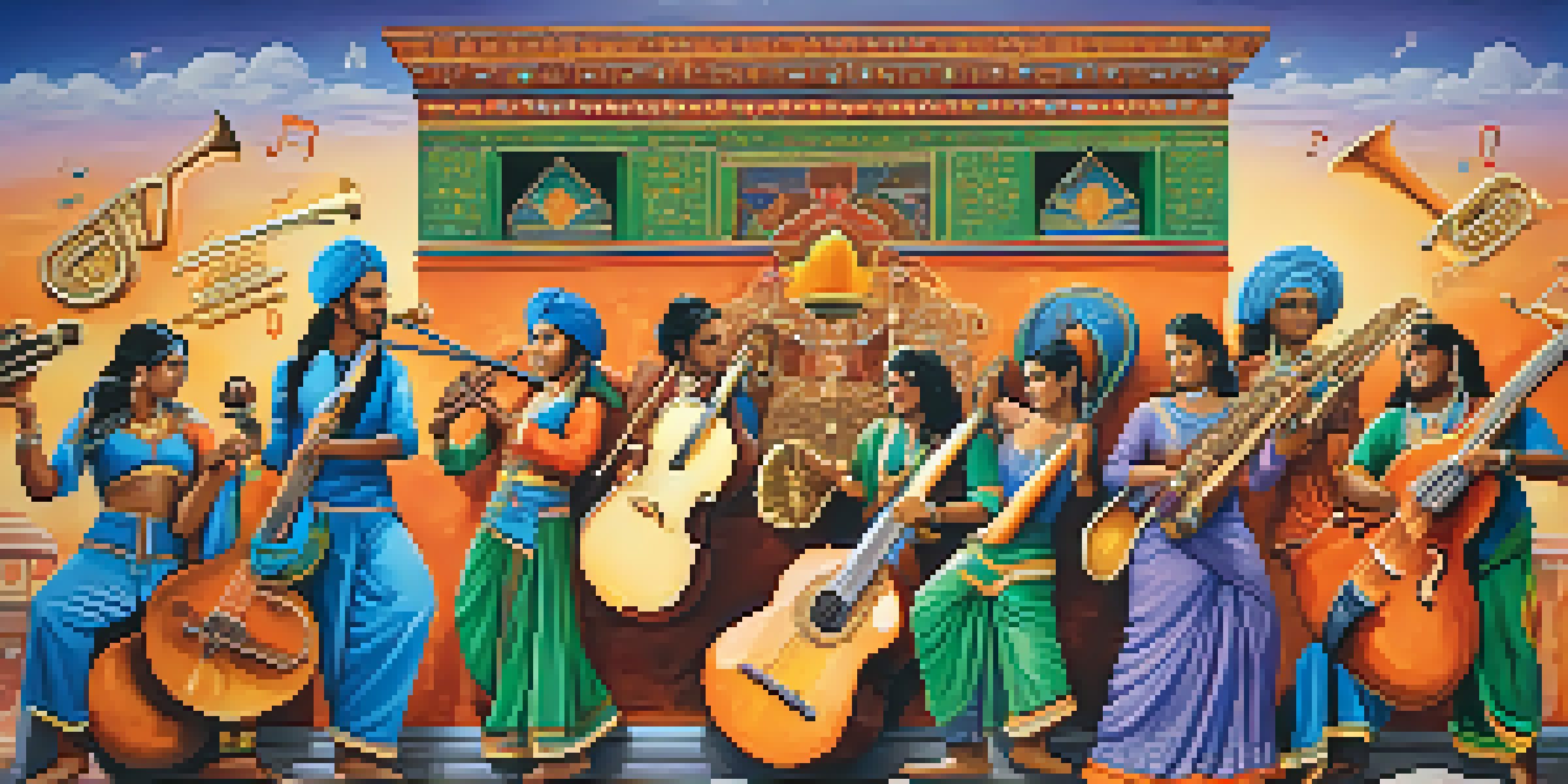 A colorful mural illustrating musicians from various cultures playing together with instruments, symbolizing artistic collaboration.