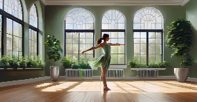 A dancer performing in a bright studio with natural light, wooden floors, and green plants.