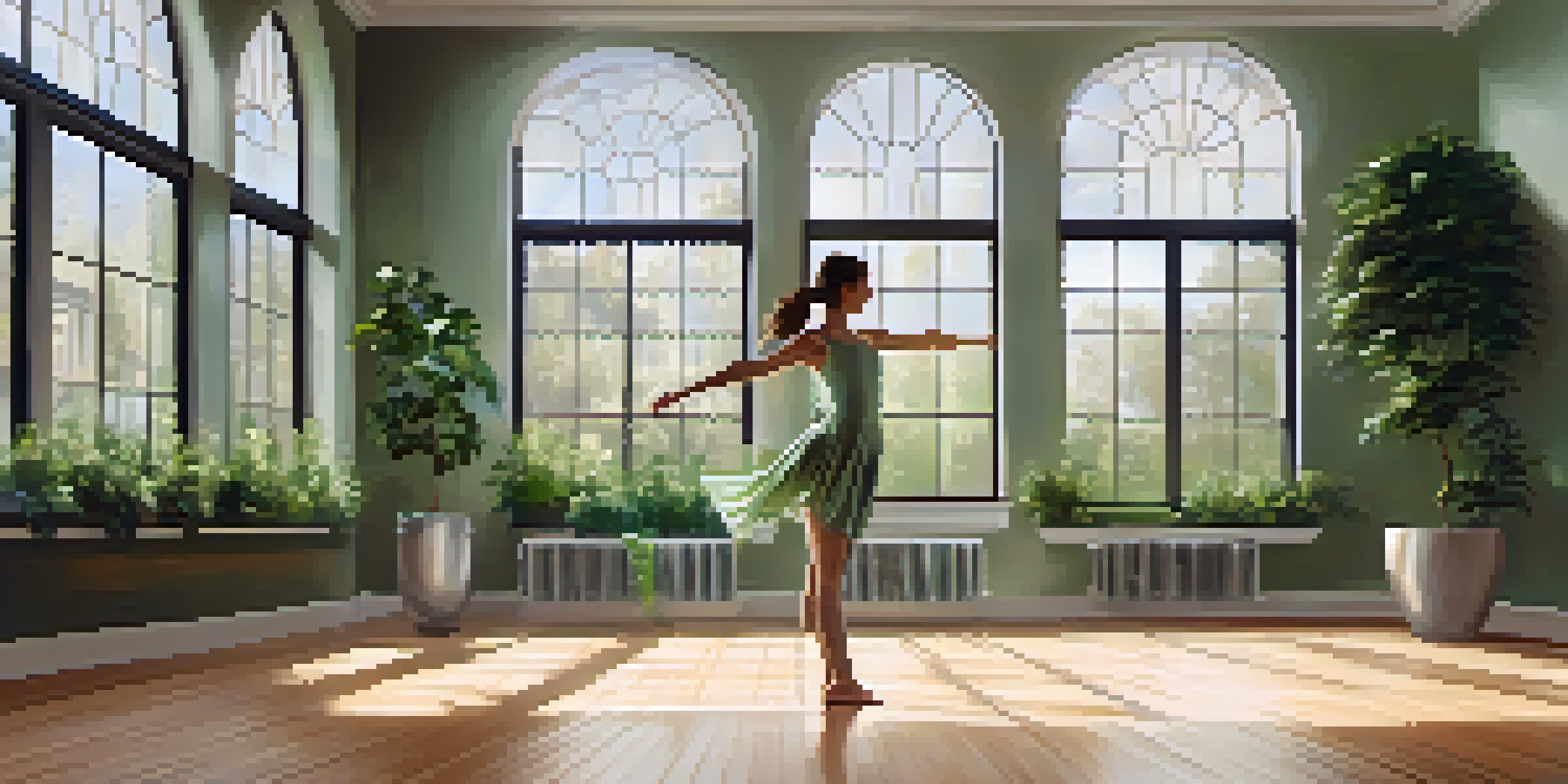 A dancer performing in a bright studio with natural light, wooden floors, and green plants.