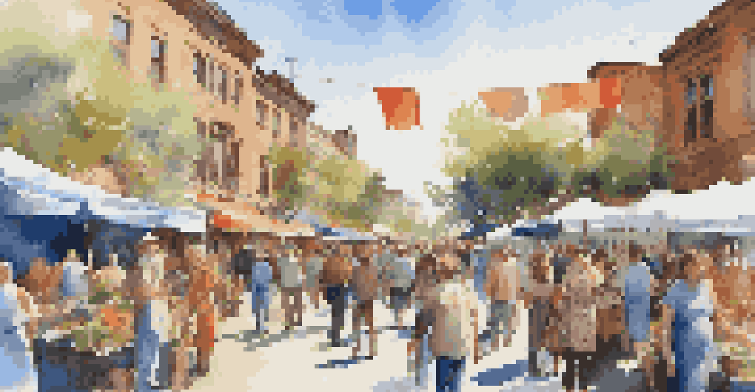 A lively outdoor art market with artists showcasing their work, banners fluttering, and a bright blue sky above.