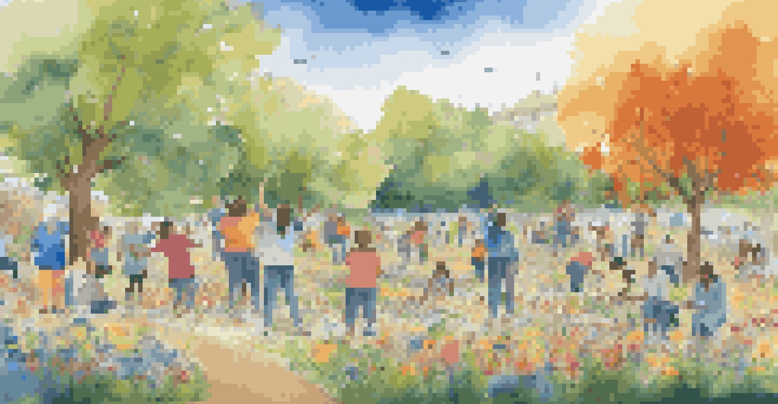 A diverse group of people working together on a large mural in a park, depicting a colorful landscape.