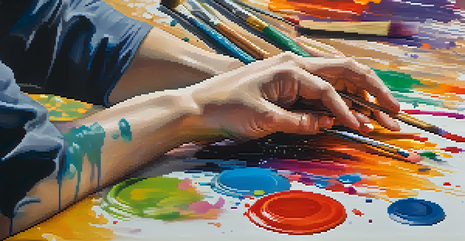 An artist painting on a canvas with colorful paint splatters.