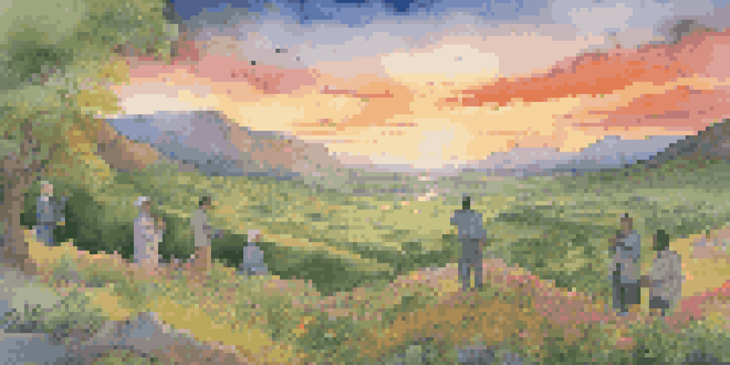 A sunset over a green valley with artists and scientists collaborating, surrounded by flowers and scientific models.