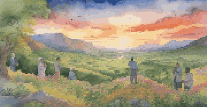 A sunset over a green valley with artists and scientists collaborating, surrounded by flowers and scientific models.