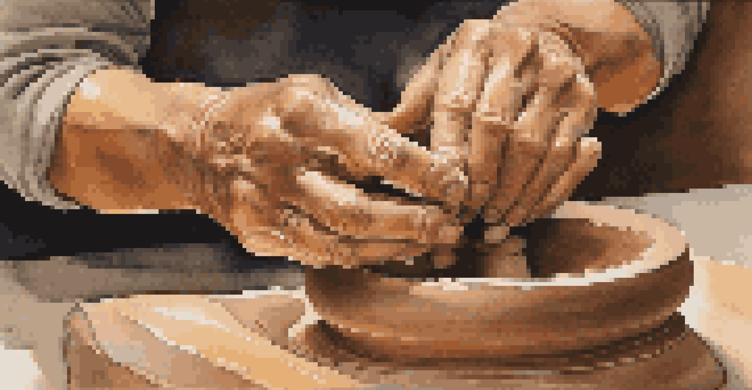 An artist's hands shaping clay on a pottery wheel in a warmly lit studio filled with art tools.