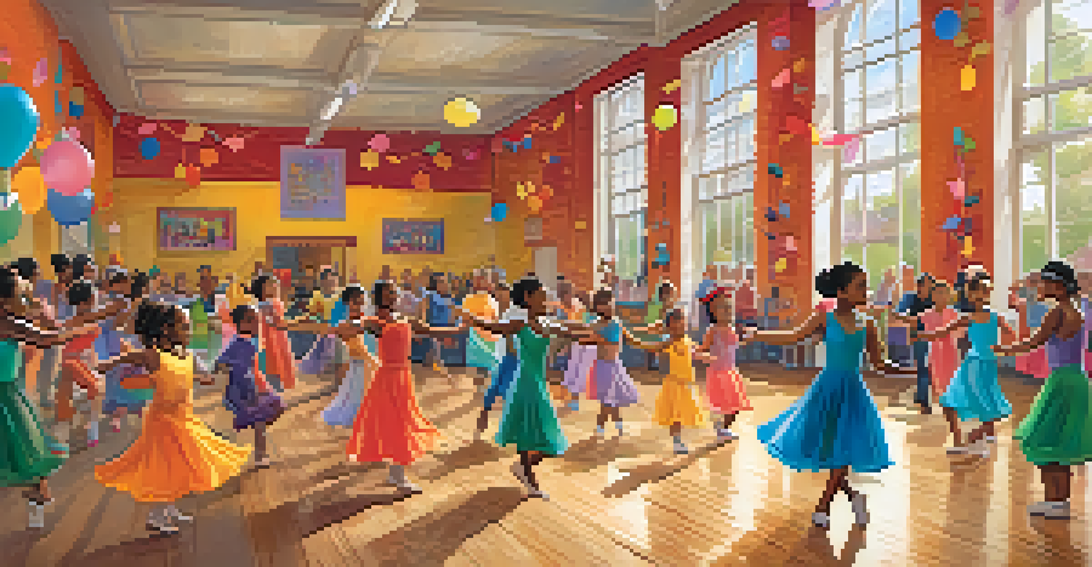 A lively dance class with diverse participants enjoying the experience, surrounded by colorful decorations.
