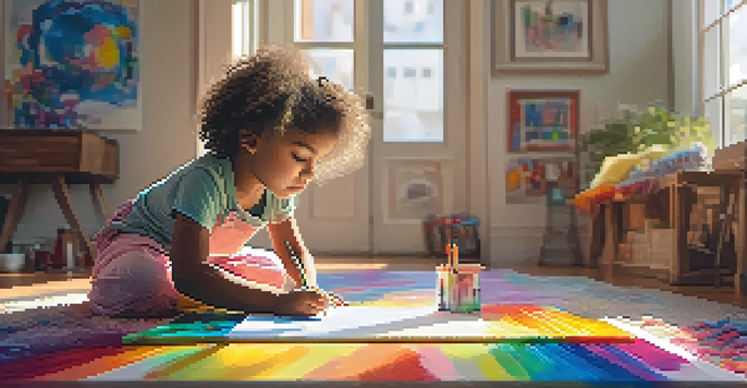 A young girl engaged in painting during an art therapy session, with sunlight illuminating her workspace filled with colors and brushes.