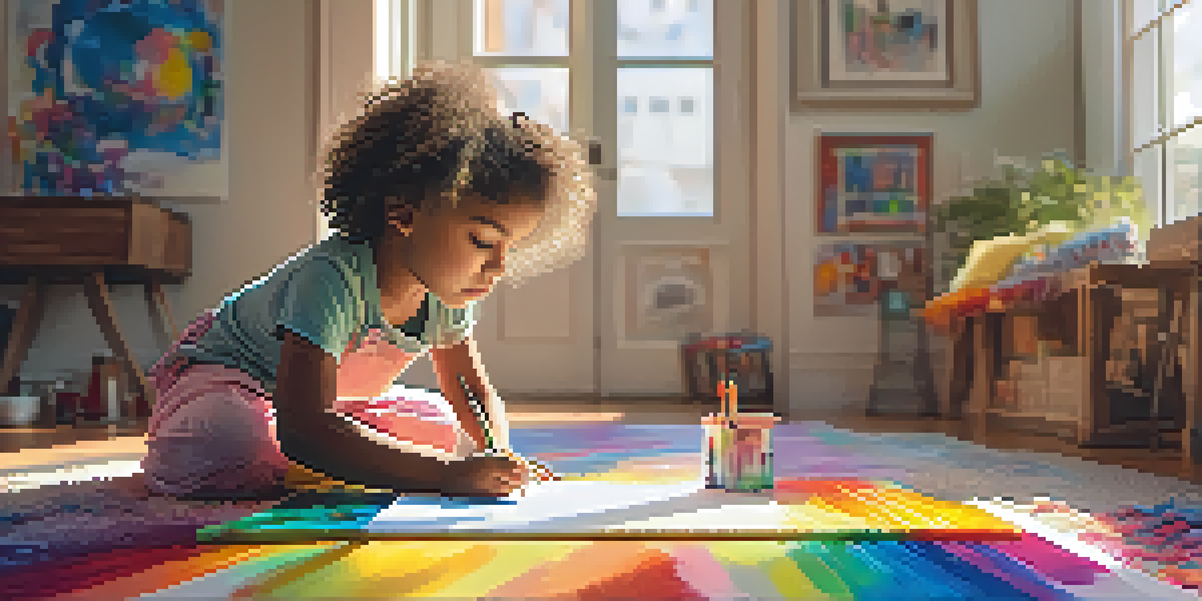 A young girl engaged in painting during an art therapy session, with sunlight illuminating her workspace filled with colors and brushes.