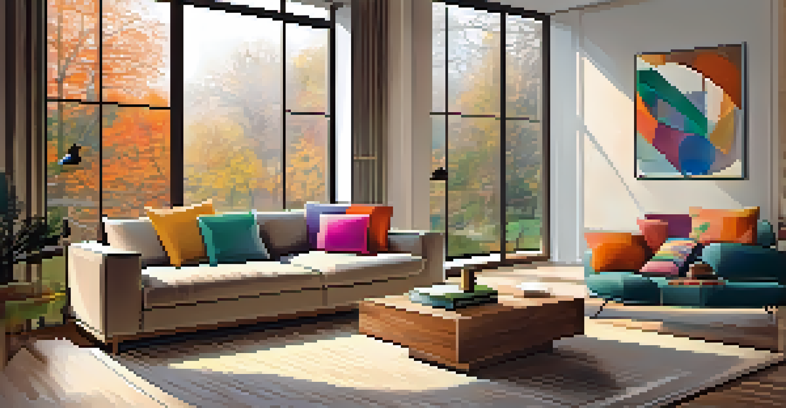A cozy modern living room with a comfortable sofa and warm lighting.