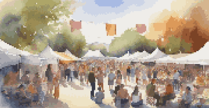 A lively outdoor arts festival with attendees enjoying performances, art displays, and food vendors under sunny skies.