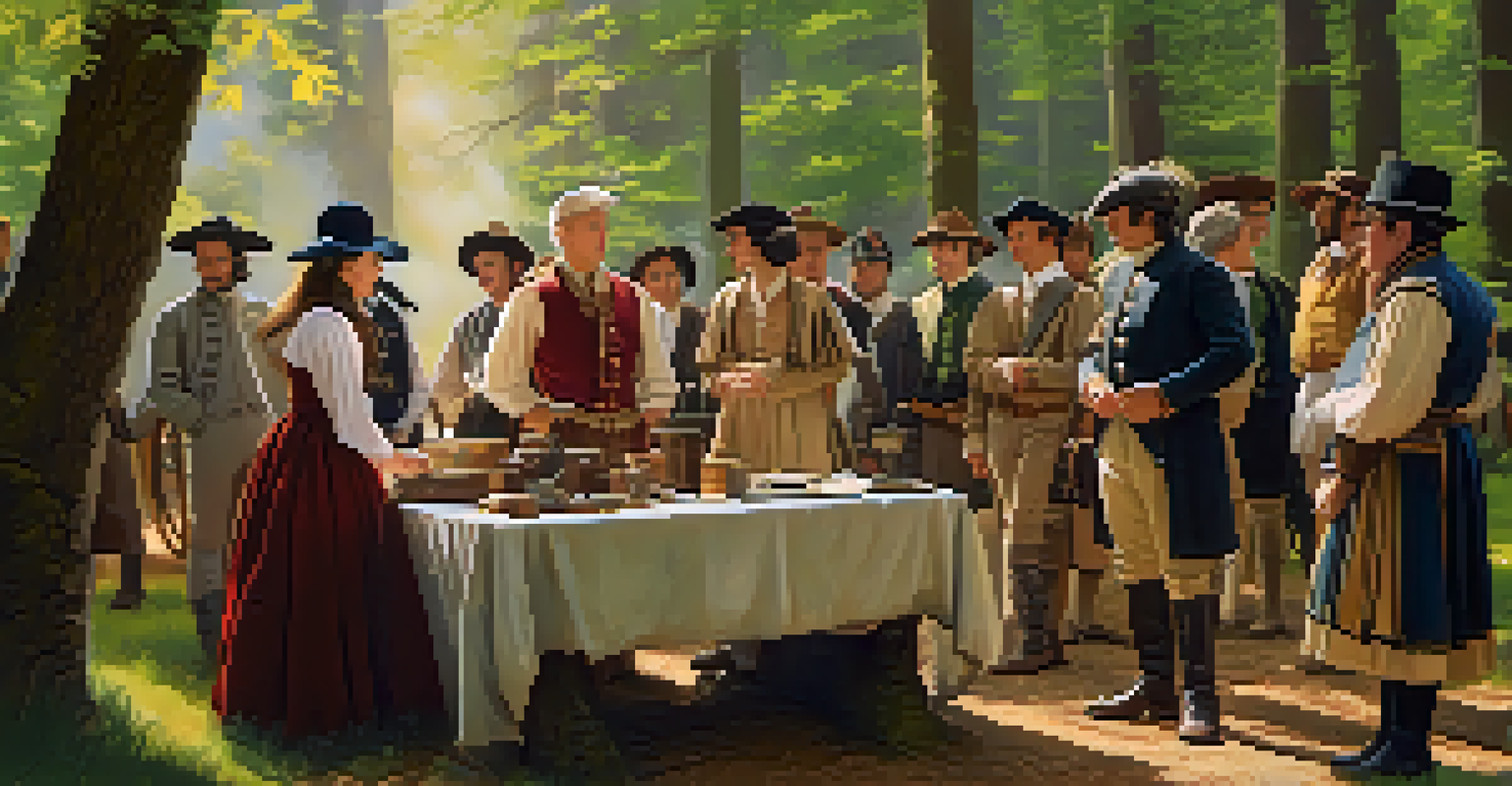 Individuals in period costumes engaged in a discussion beside a wooden table filled with historical artifacts, set in a sunlit forest clearing.