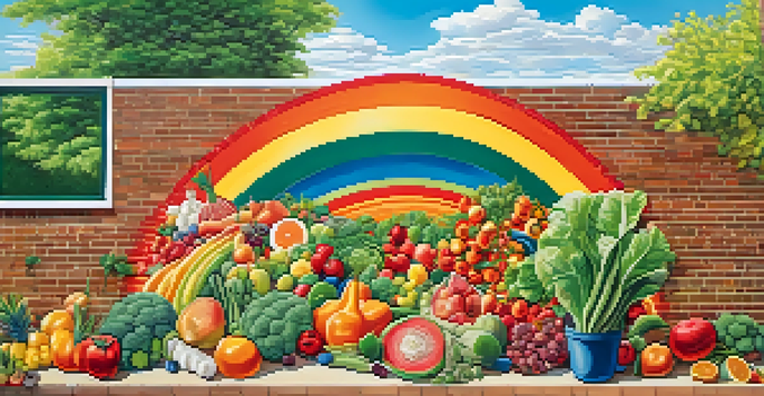 A colorful mural showing fruits and vegetables on a brick wall, surrounded by plants and flowers under a sunny sky.