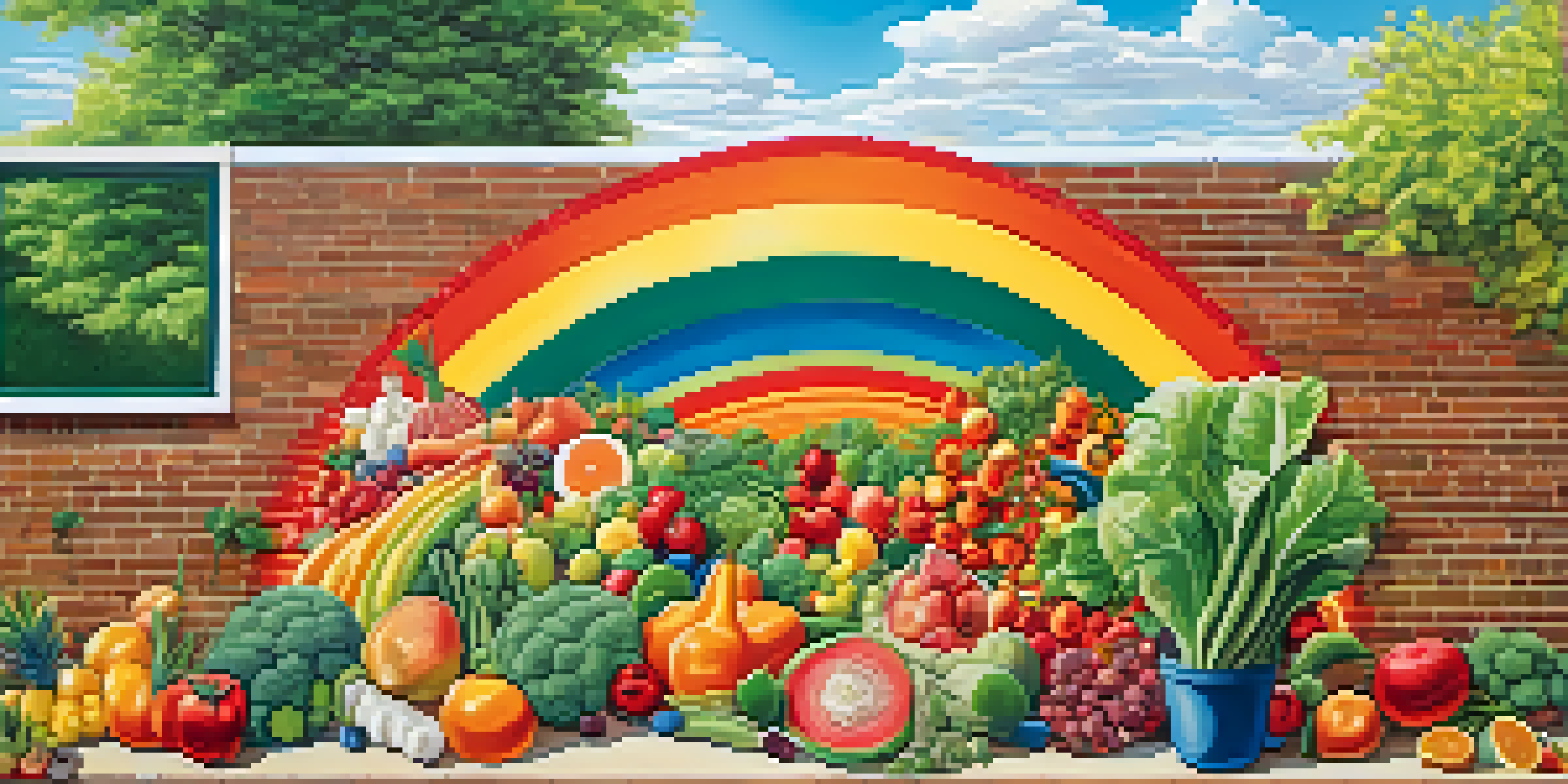 A colorful mural showing fruits and vegetables on a brick wall, surrounded by plants and flowers under a sunny sky.