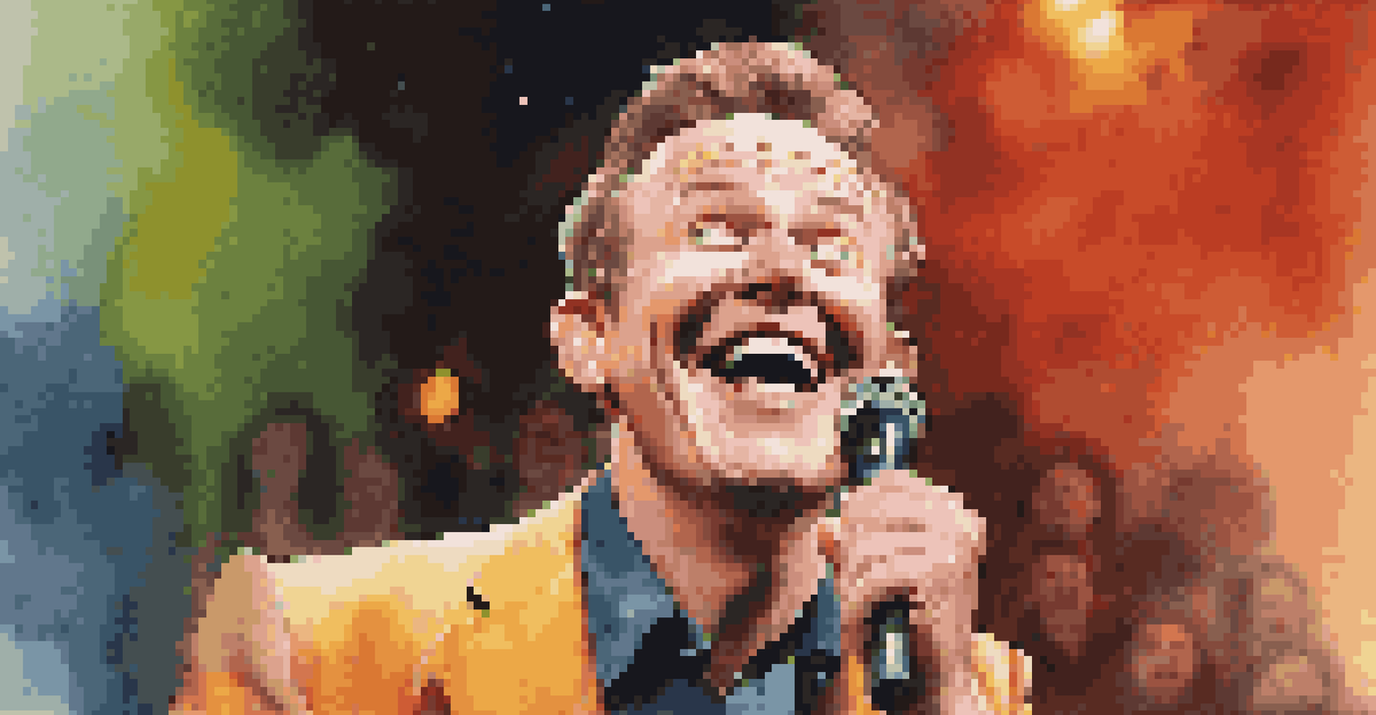 A close-up of a comedian laughing on stage with exaggerated expressions, surrounded by an engaged audience in a warm, inviting atmosphere.