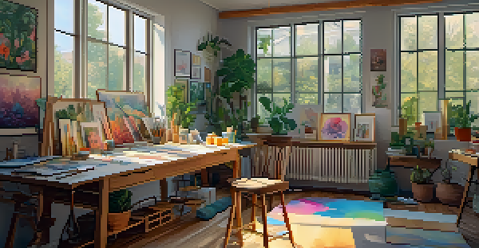 An art studio with a large canvas displaying vibrant feminist imagery and natural light streaming in through a window.