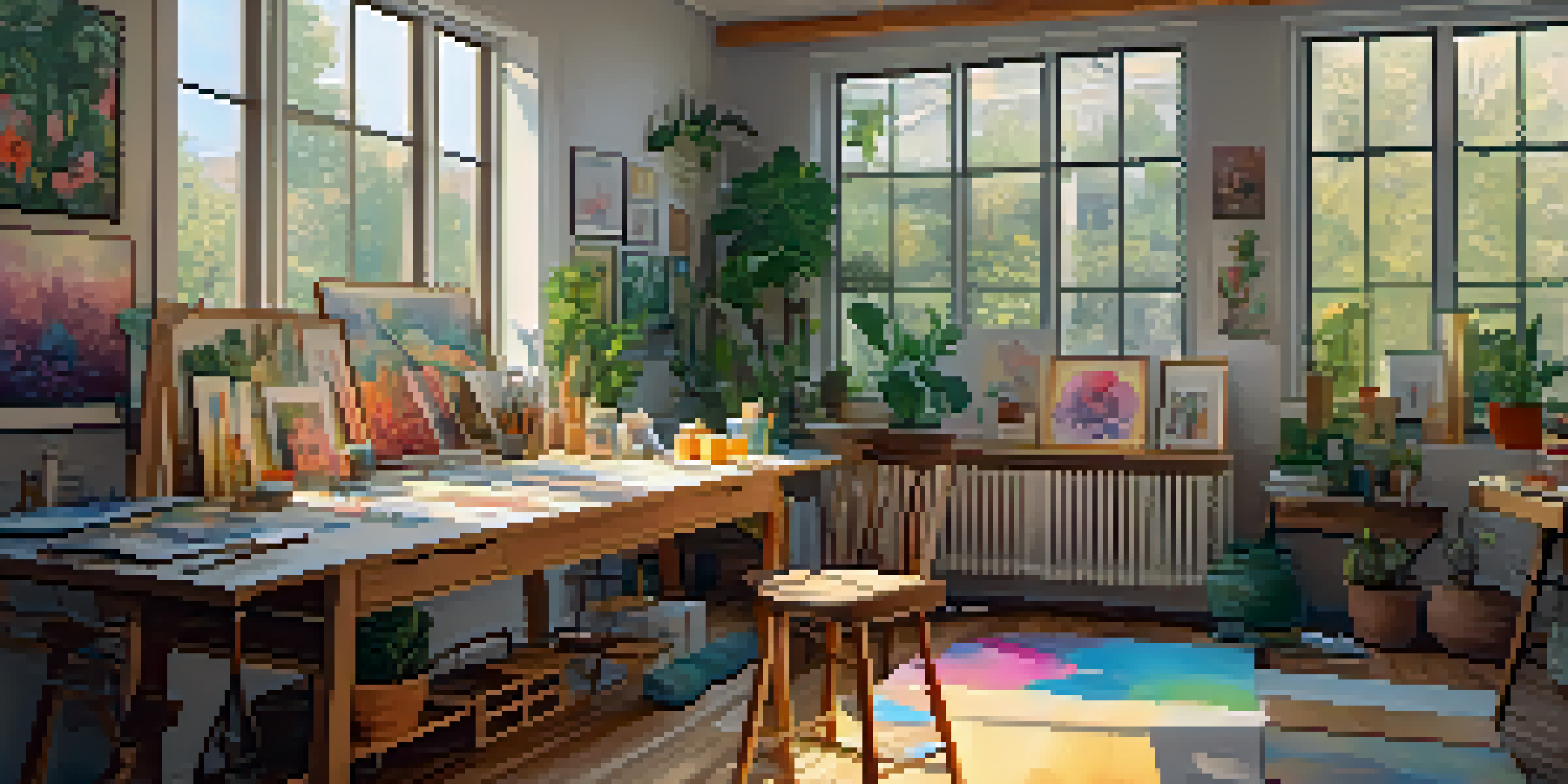 An art studio with a large canvas displaying vibrant feminist imagery and natural light streaming in through a window.
