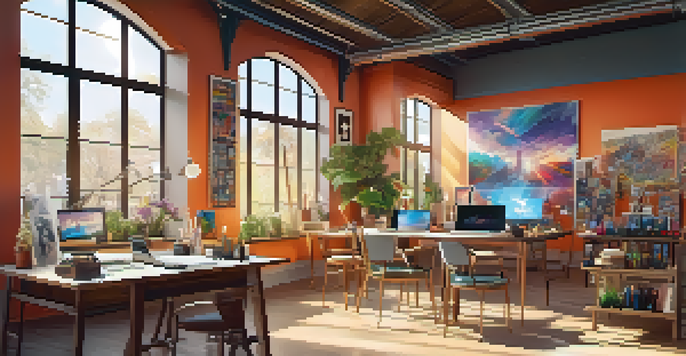 A bright digital art studio with tools and colorful canvases, and sunlight streaming through windows.