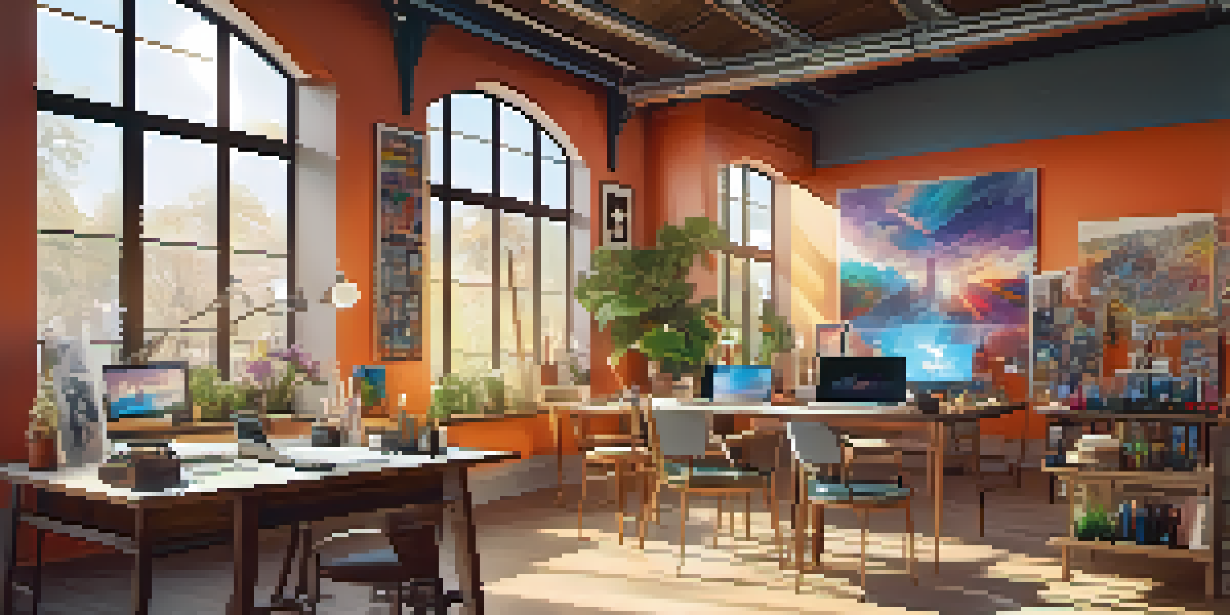 A bright digital art studio with tools and colorful canvases, and sunlight streaming through windows.