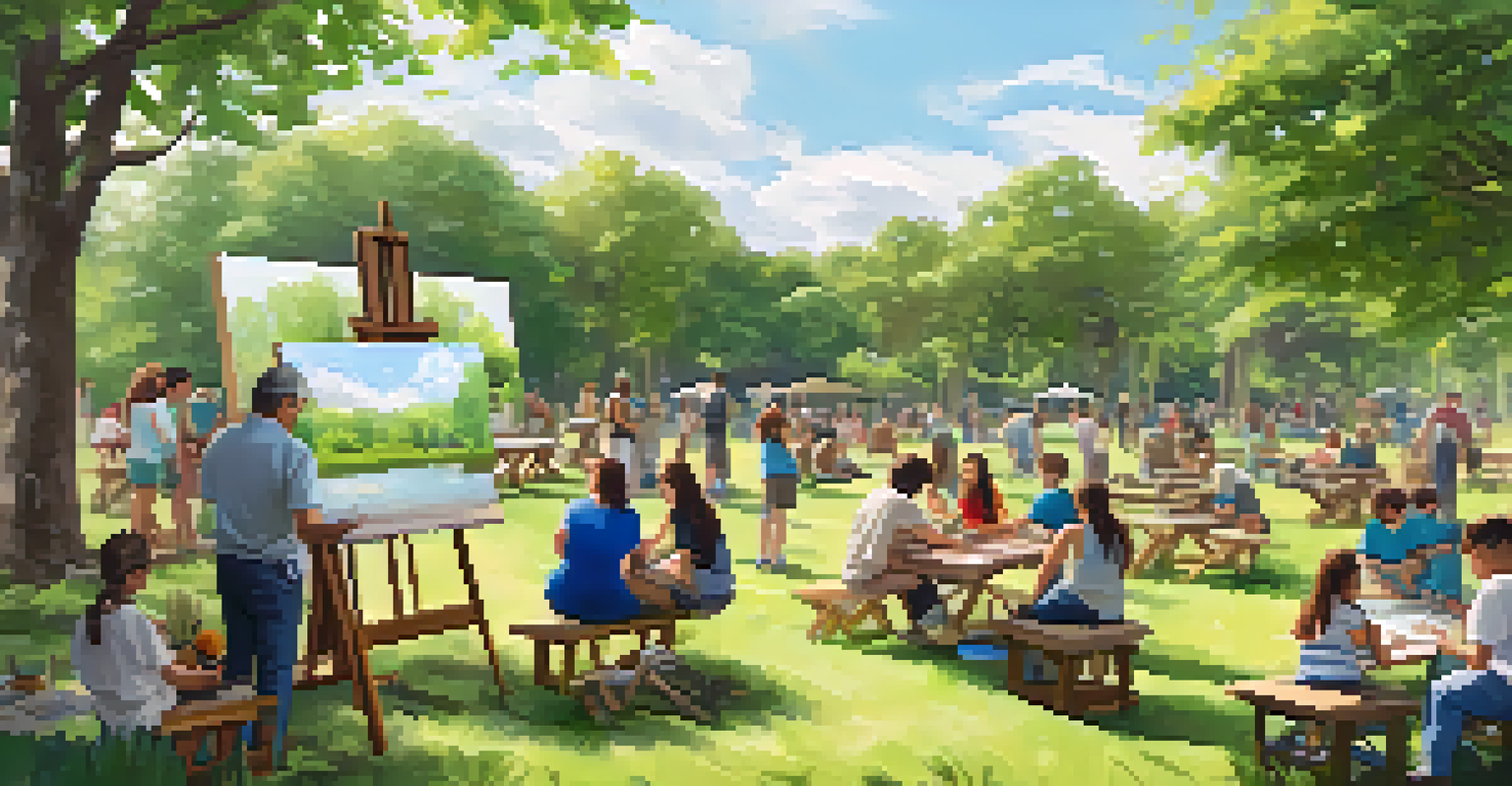 An outdoor community art workshop in a park, with people painting on easels and creating sculptures amidst lush greenery.