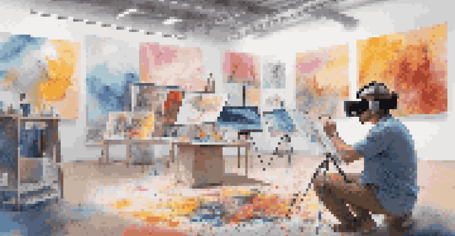 An artist in a colorful studio working on a virtual reality project, with screens showing cultural stories and art.