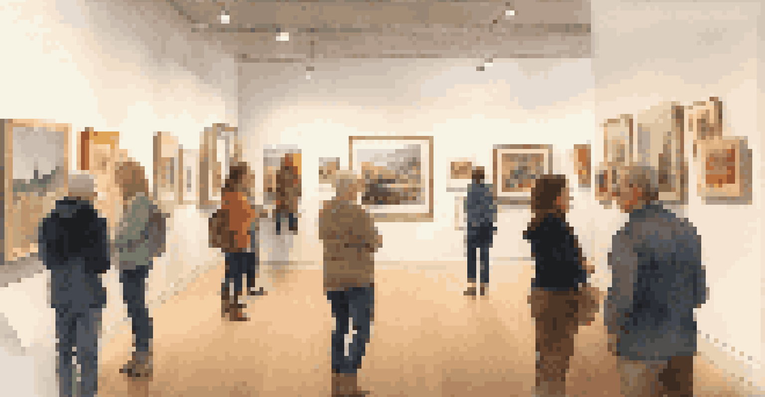 Visitors exploring an art gallery with diverse artworks and a local artist discussing their work.