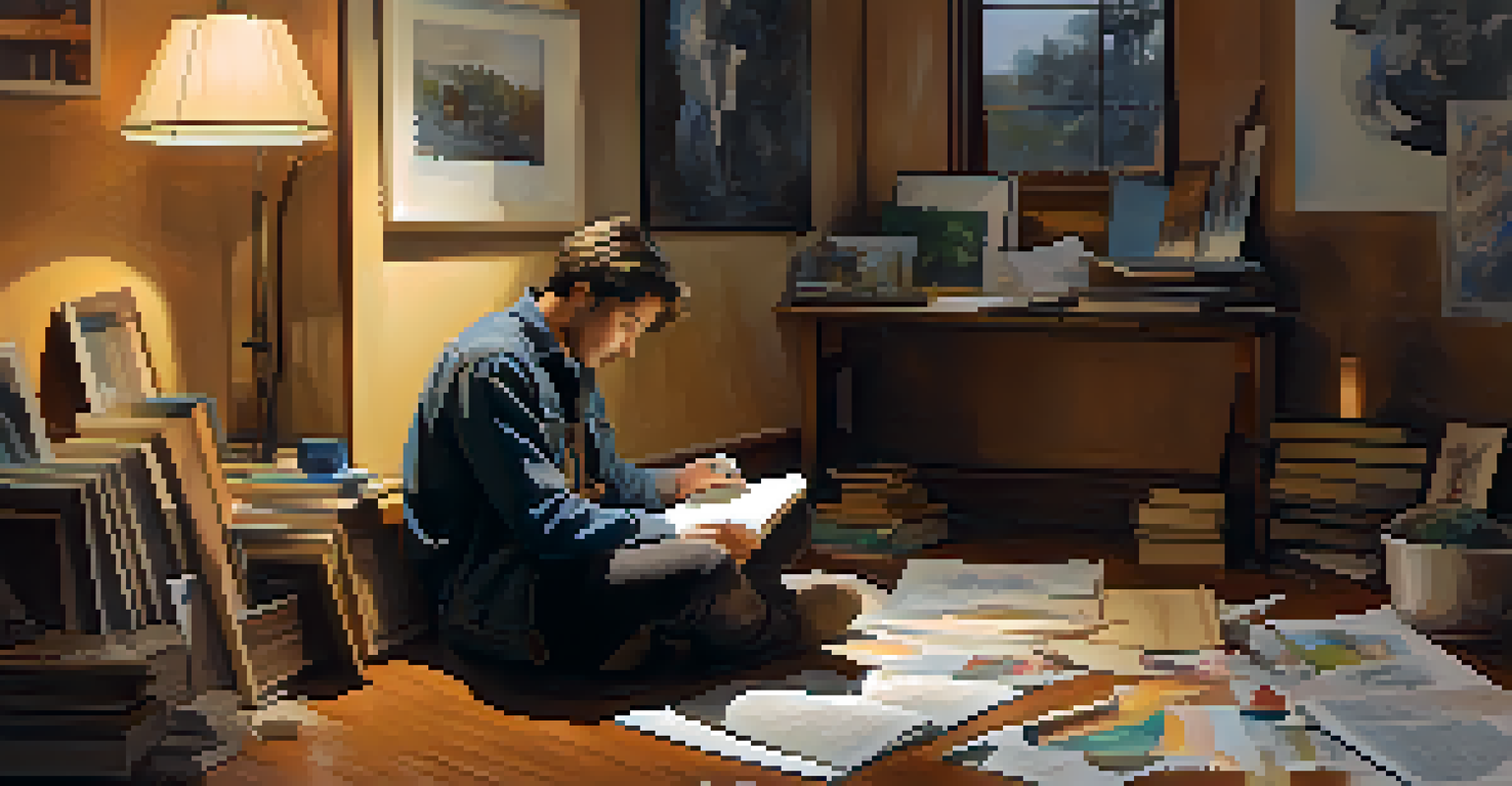 An artist reflecting on their sketches and art journal while sitting on the floor, illuminated by soft light from a lamp, conveying introspection and emotional exploration.