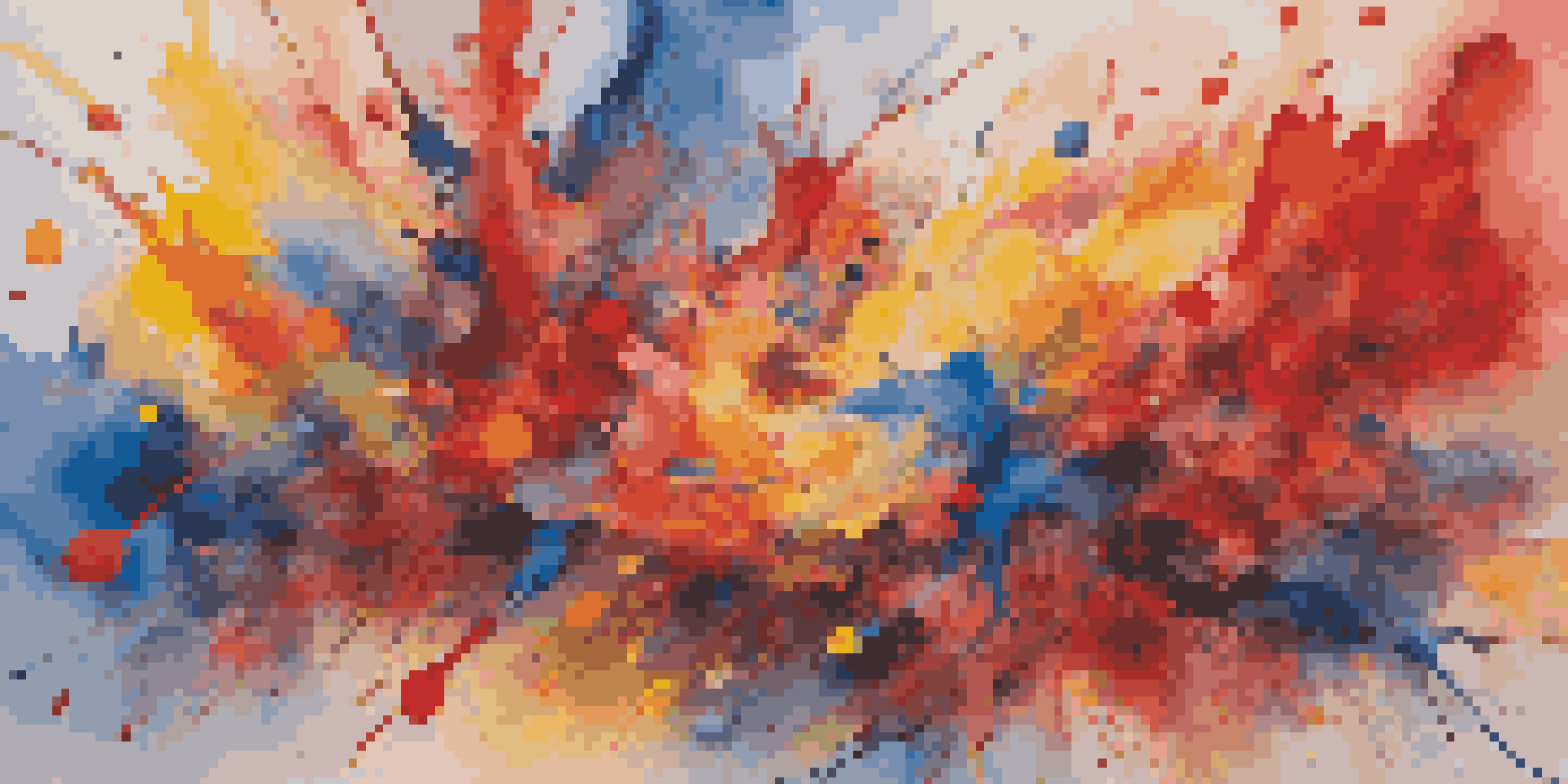 A colorful abstract painting with chaotic splashes and exaggerated shapes resembling spilled liquids, illuminated by warm light.