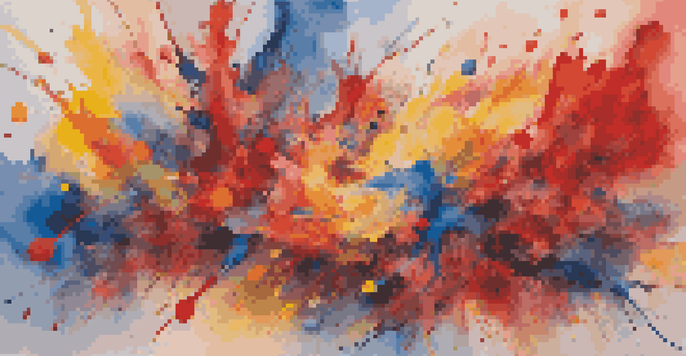 A colorful abstract painting with chaotic splashes and exaggerated shapes resembling spilled liquids, illuminated by warm light.
