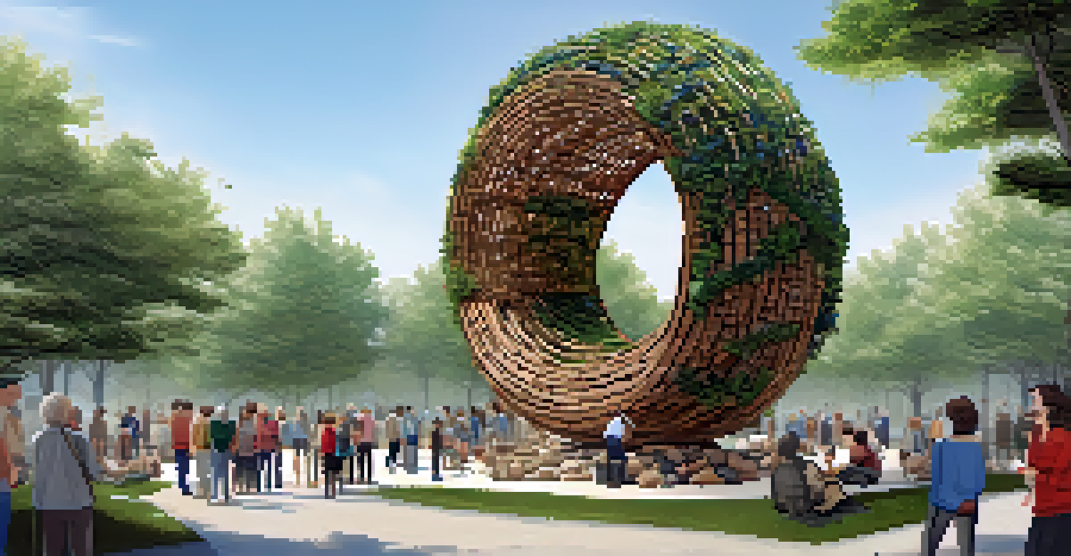 A community art installation made of natural materials, with people admiring it in a green outdoor setting.