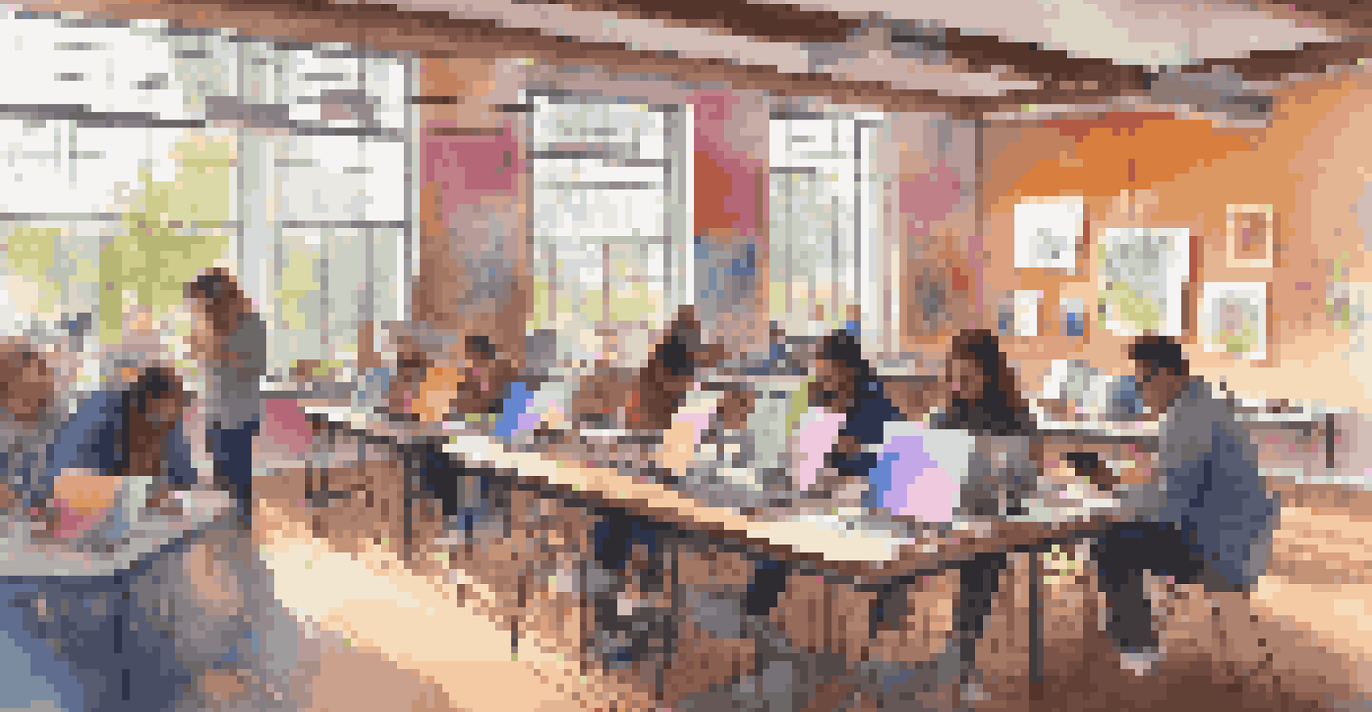 A community center workshop where people are using digital tools to create art, surrounded by colorful artwork and natural light.