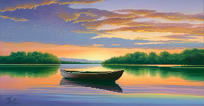 A peaceful sunset over a tranquil lake with lush green trees and a small wooden boat.
