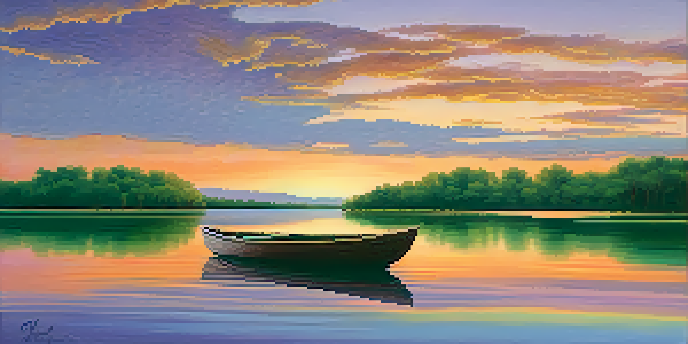 A peaceful sunset over a tranquil lake with lush green trees and a small wooden boat.