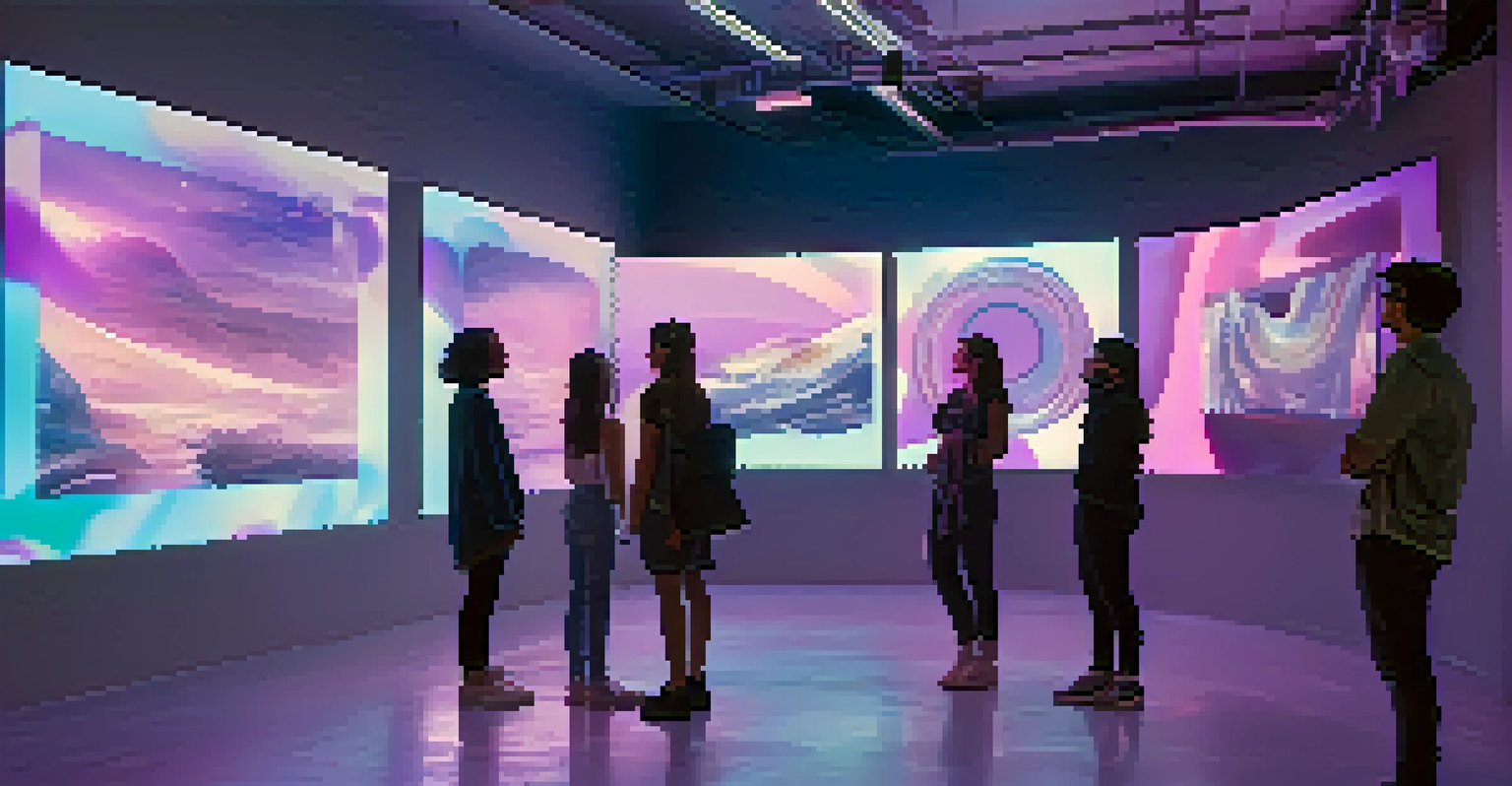 A futuristic virtual art gallery with digital art on floating screens and visitors using augmented reality glasses.