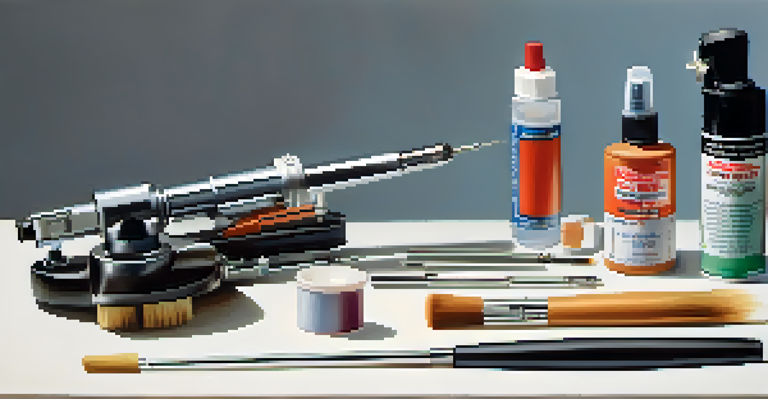 An airbrush disassembled for cleaning, with its parts and cleaning supplies arranged on a clean surface.