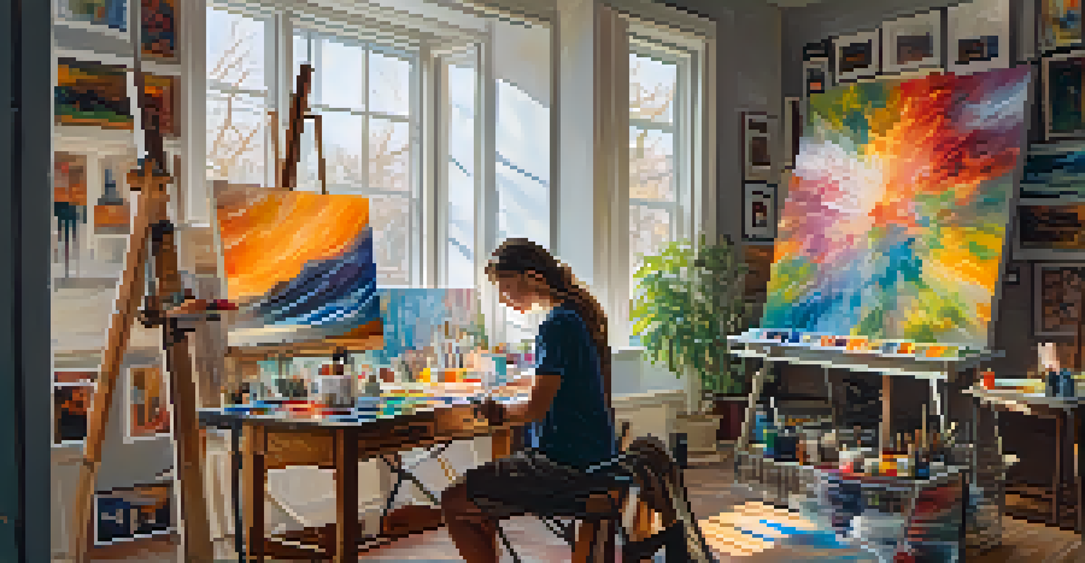 An artist in a studio working on a large canvas, surrounded by art supplies and illuminated by natural light.