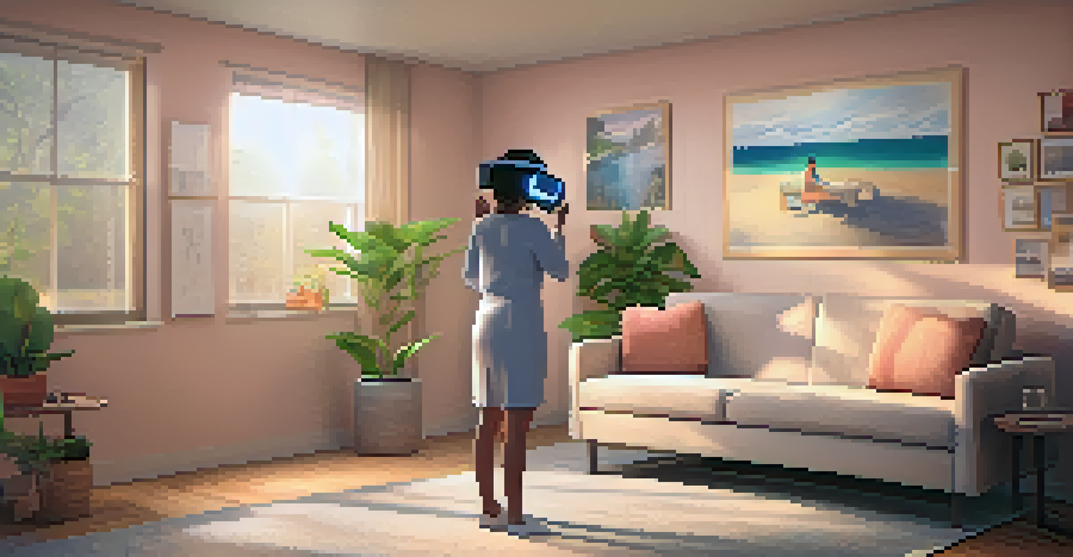 A therapist and patient in a cozy room, with the patient creating digital art in VR, emphasizing support and emotional expression.