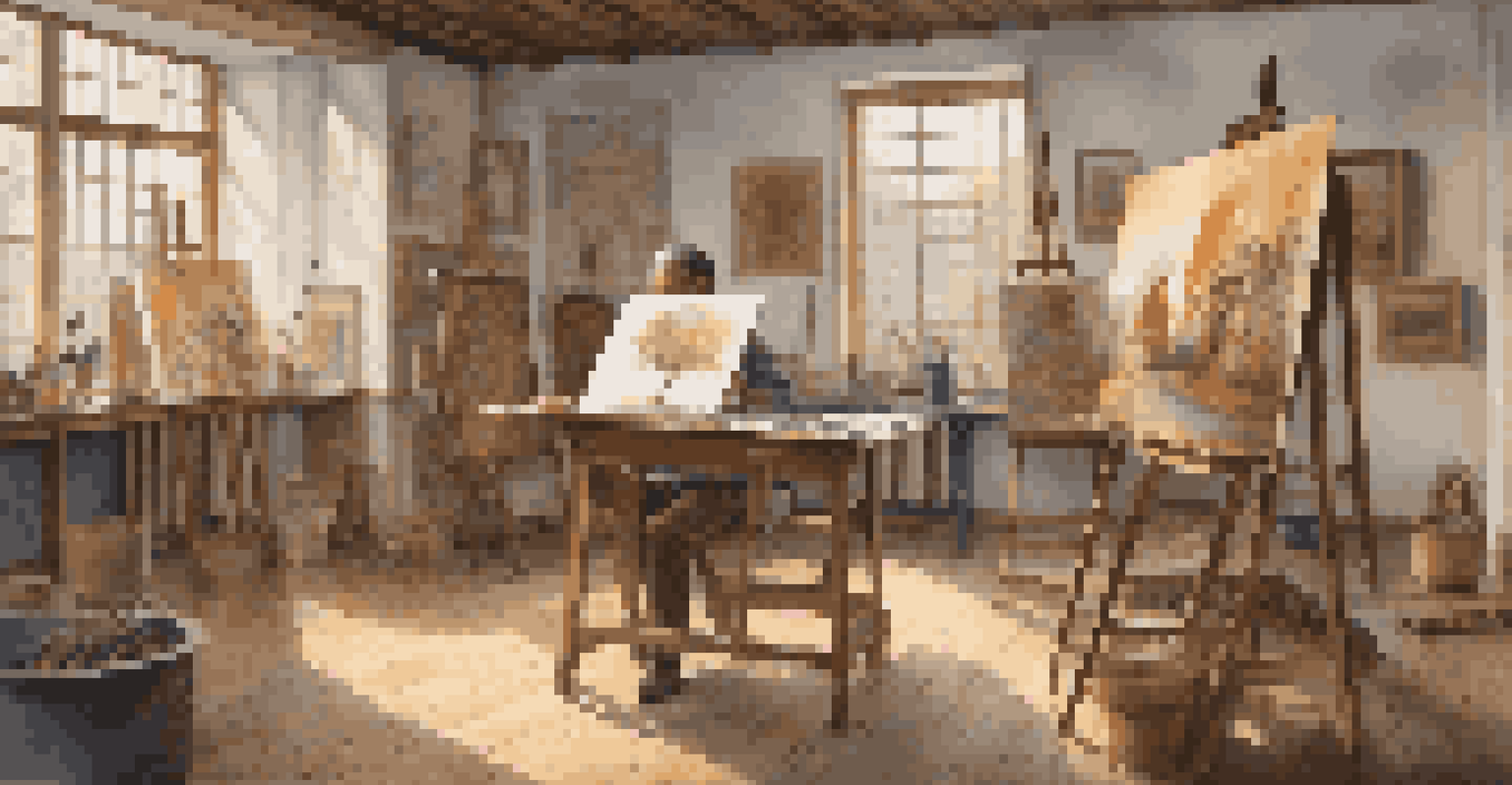 An artist's studio filled with natural light, showcasing art supplies and cultural paintings in progress.