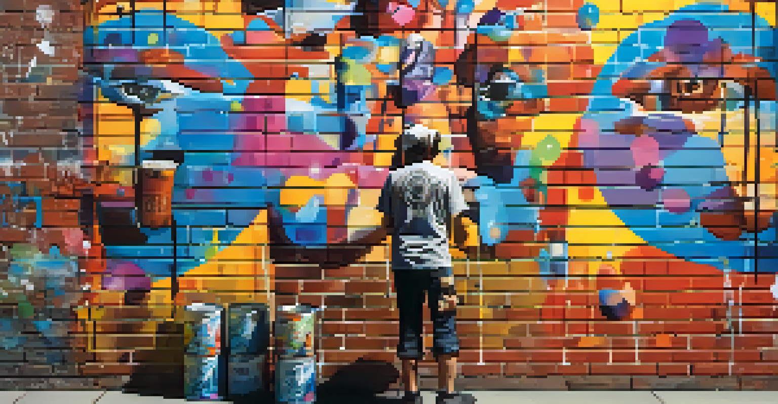 A street artist painting a vibrant mural on a brick wall, with colorful abstract patterns and onlookers watching.