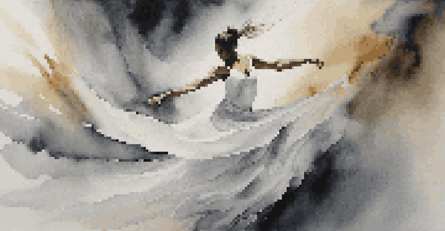 A dancer in a white costume performing against an abstract background, expressing grief and resilience.