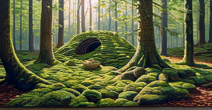 A peaceful forest scene made of recycled materials with sunlight filtering through the trees, highlighting intricate sculptures and vibrant moss.